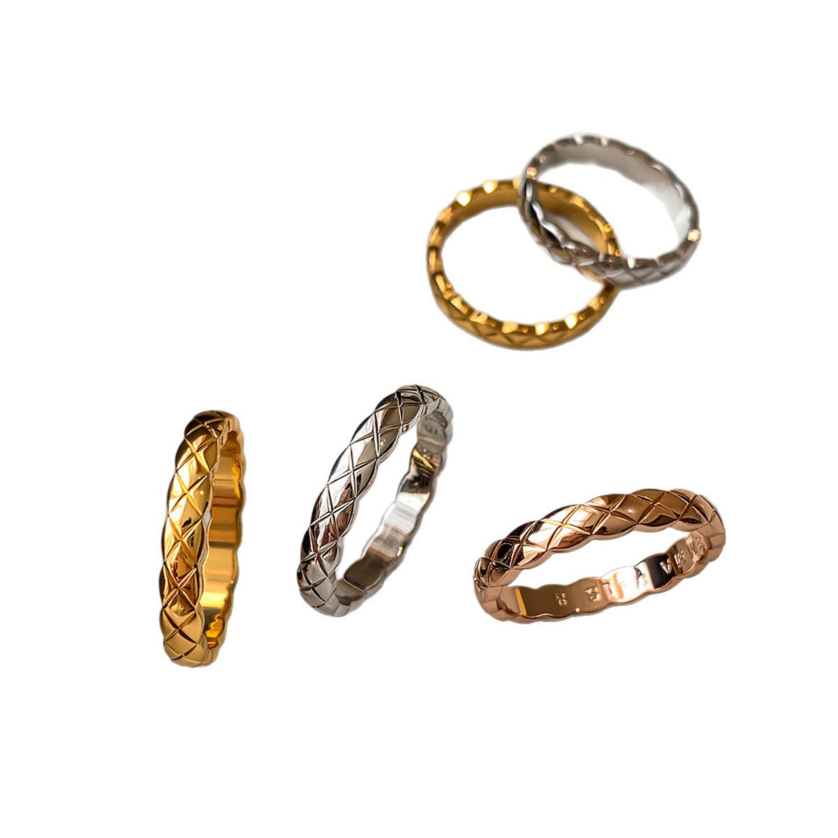 Lingge CNC Gold Band Ring For Unisex, Made Of 304 Stainless Steel With Rhinestone Inlay