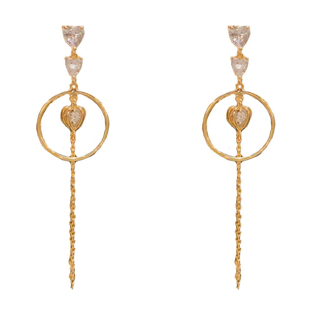 Exaggerated Heart Shape Drop Earrings For Women With Tassel Design, Copper Base, Real Gold Plated And Zircon Inlay
