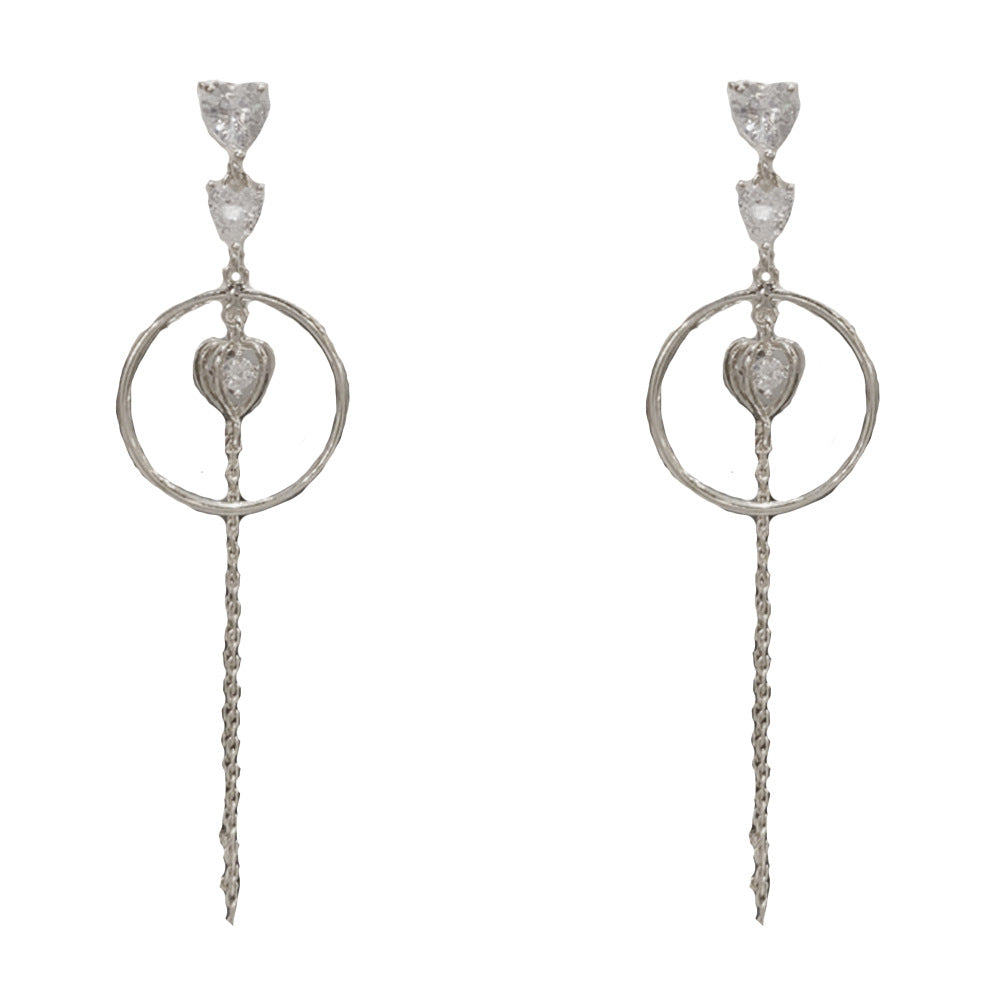 Exaggerated Heart Shape Drop Earrings For Women With Tassel Design, Copper Base, Real Gold Plated And Zircon Inlay