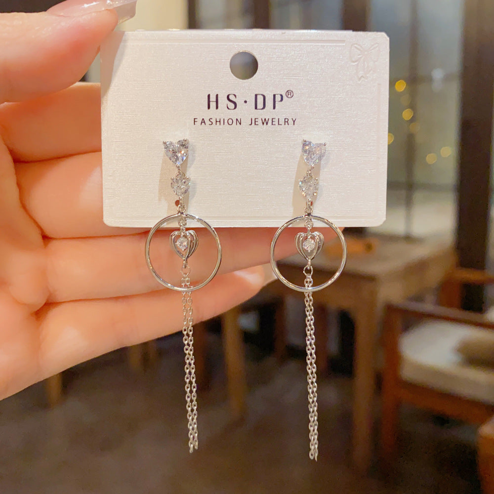 Exaggerated Heart Shape Drop Earrings For Women With Tassel Design, Copper Base, Real Gold Plated And Zircon Inlay
