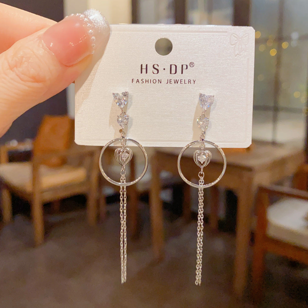 Exaggerated Heart Shape Drop Earrings For Women With Tassel Design, Copper Base, Real Gold Plated And Zircon Inlay