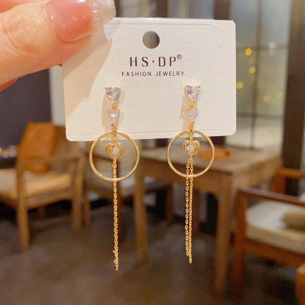 Exaggerated Heart Shape Drop Earrings For Women With Tassel Design, Copper Base, Real Gold Plated And Zircon Inlay