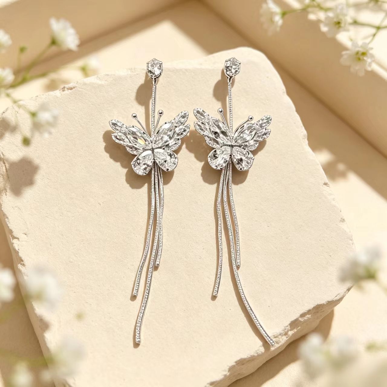 Butterfly Earrings For Women In Silver With Zircon Inlay, Featuring Copper Posts And Sweet Style
