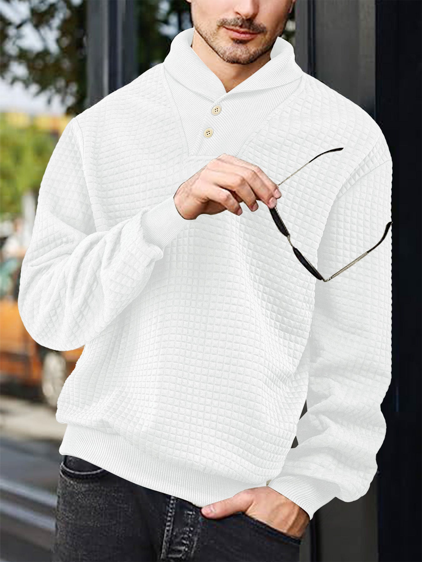 Men's Casual White Plaid Long Sleeve Hoodie In Polyester Fabric