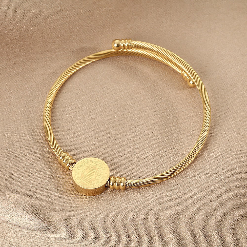Geometric Titanium Steel Bangle With Electroplated Gold Plating, Stretch Adjustable In Steel Color