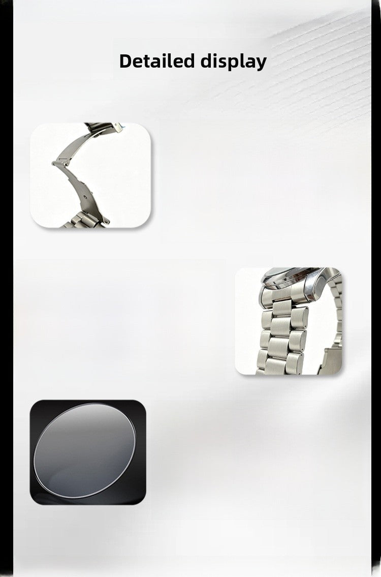 Men's Quartz Watch With Steel Belt Strap, Round Dial, Tempered Glass Mirror, Pointer Display, And Single Folding Buckle