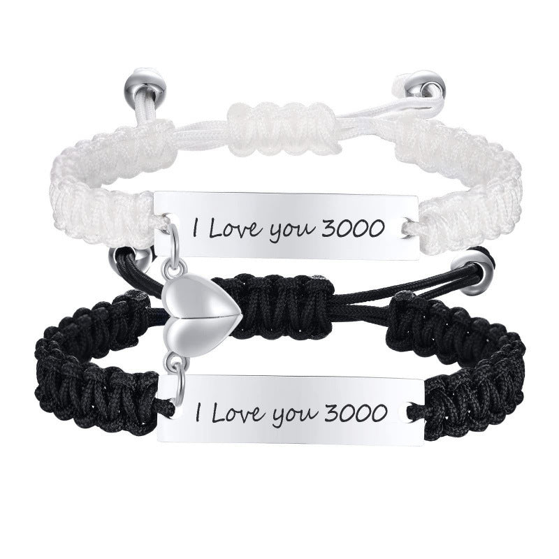 Heart Shape Braid ID Bracelet In Black & White, Simple Style Unisex Stainless Steel Rope Chain