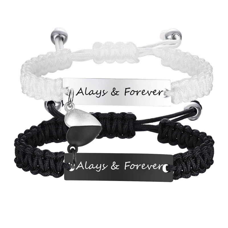 Heart Shape Braid ID Bracelet In Black & White, Simple Style Unisex Stainless Steel Rope Chain