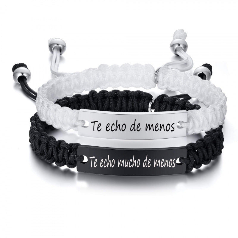 Heart Shape Braid ID Bracelet In Black & White, Simple Style Unisex Stainless Steel Rope Chain