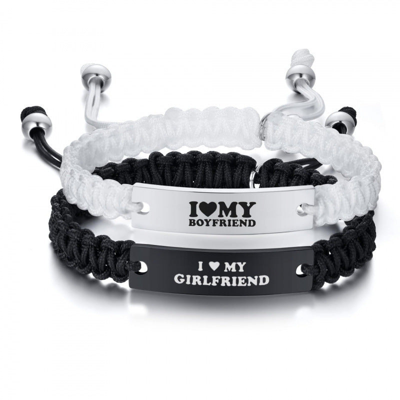 Heart Shape Braid ID Bracelet In Black & White, Simple Style Unisex Stainless Steel Rope Chain