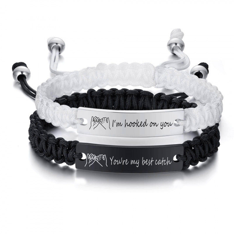 Heart Shape Braid ID Bracelet In Black & White, Simple Style Unisex Stainless Steel Rope Chain