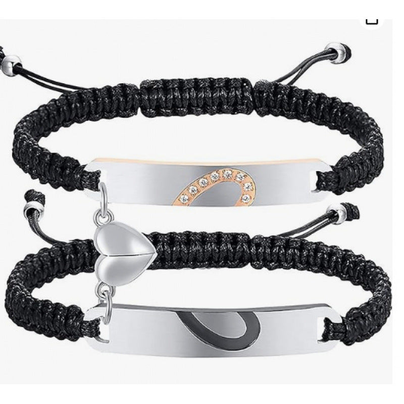 Heart Shape Braid ID Bracelet In Black & White, Simple Style Unisex Stainless Steel Rope Chain