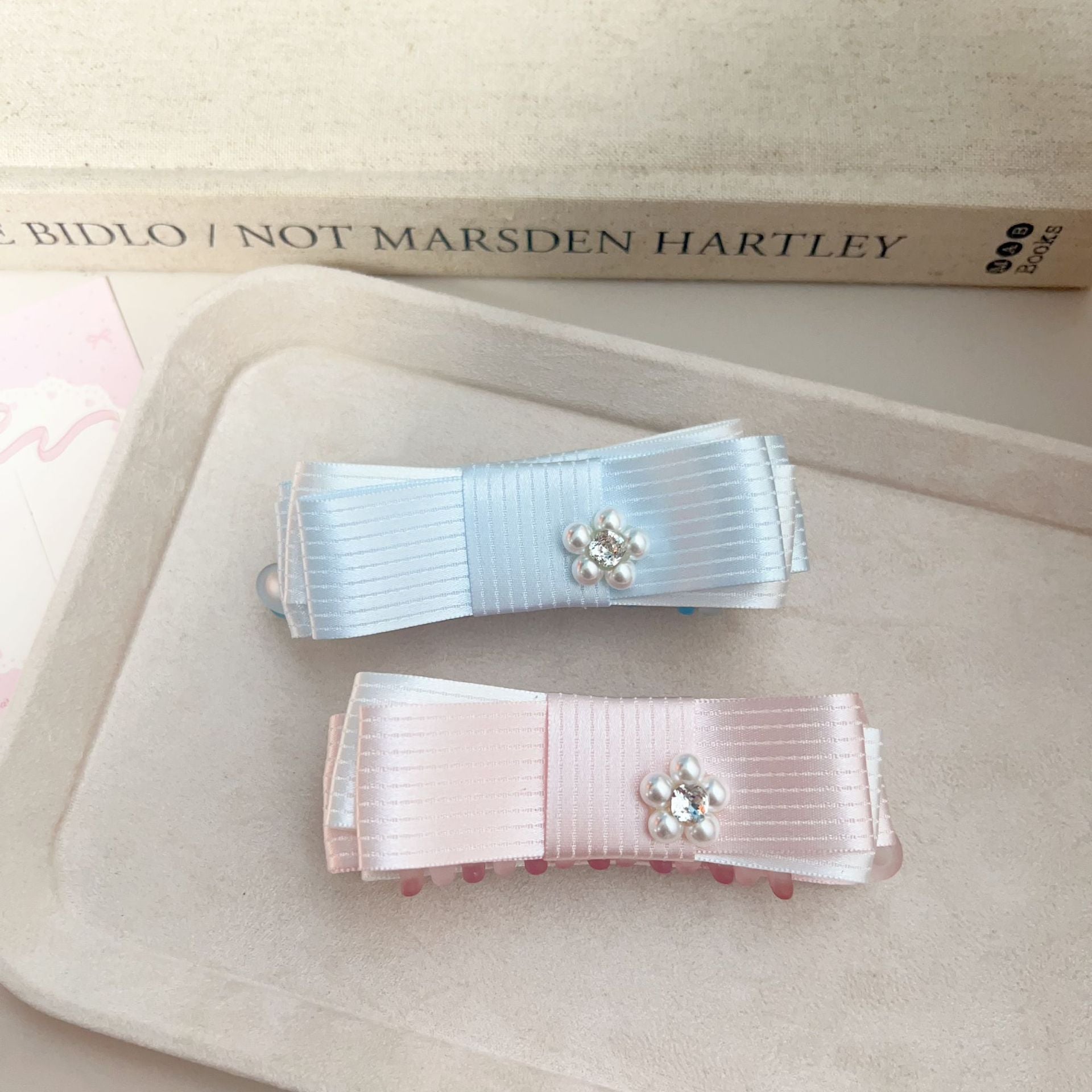New Style Bow Tie Banana Clip Hairpin For Women In Light Blue With Mixed Materials Fabric