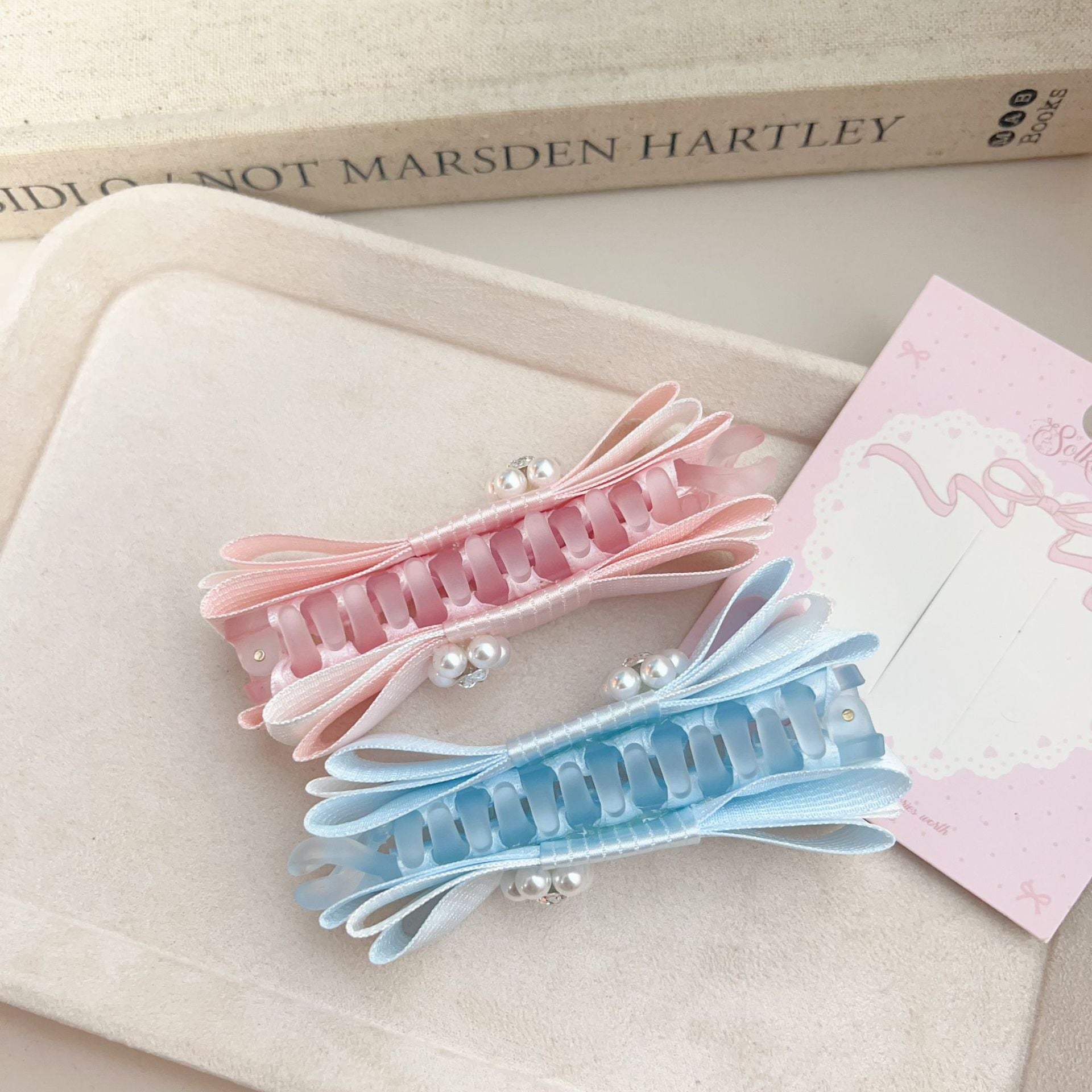 New Style Bow Tie Banana Clip Hairpin For Women In Light Blue With Mixed Materials Fabric