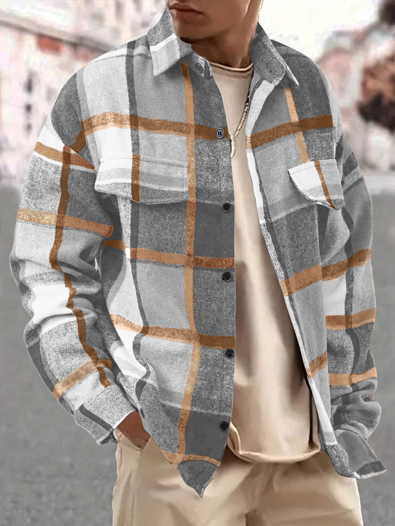 Elegant Plaid Long Sleeve Blouse For Men In Polyester Fabric Featuring Splicing Craft