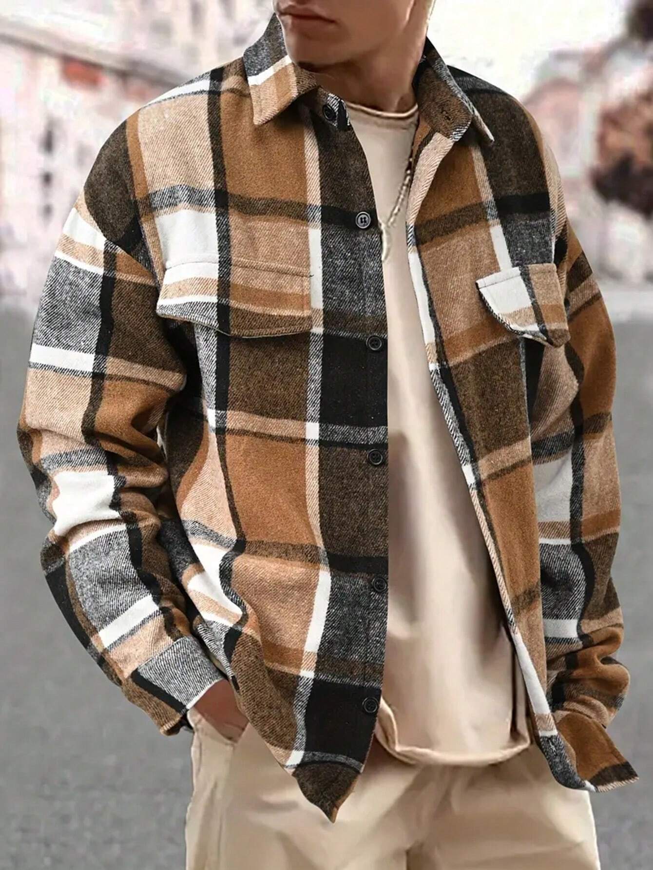 Elegant Plaid Long Sleeve Blouse For Men In Polyester Fabric Featuring Splicing Craft