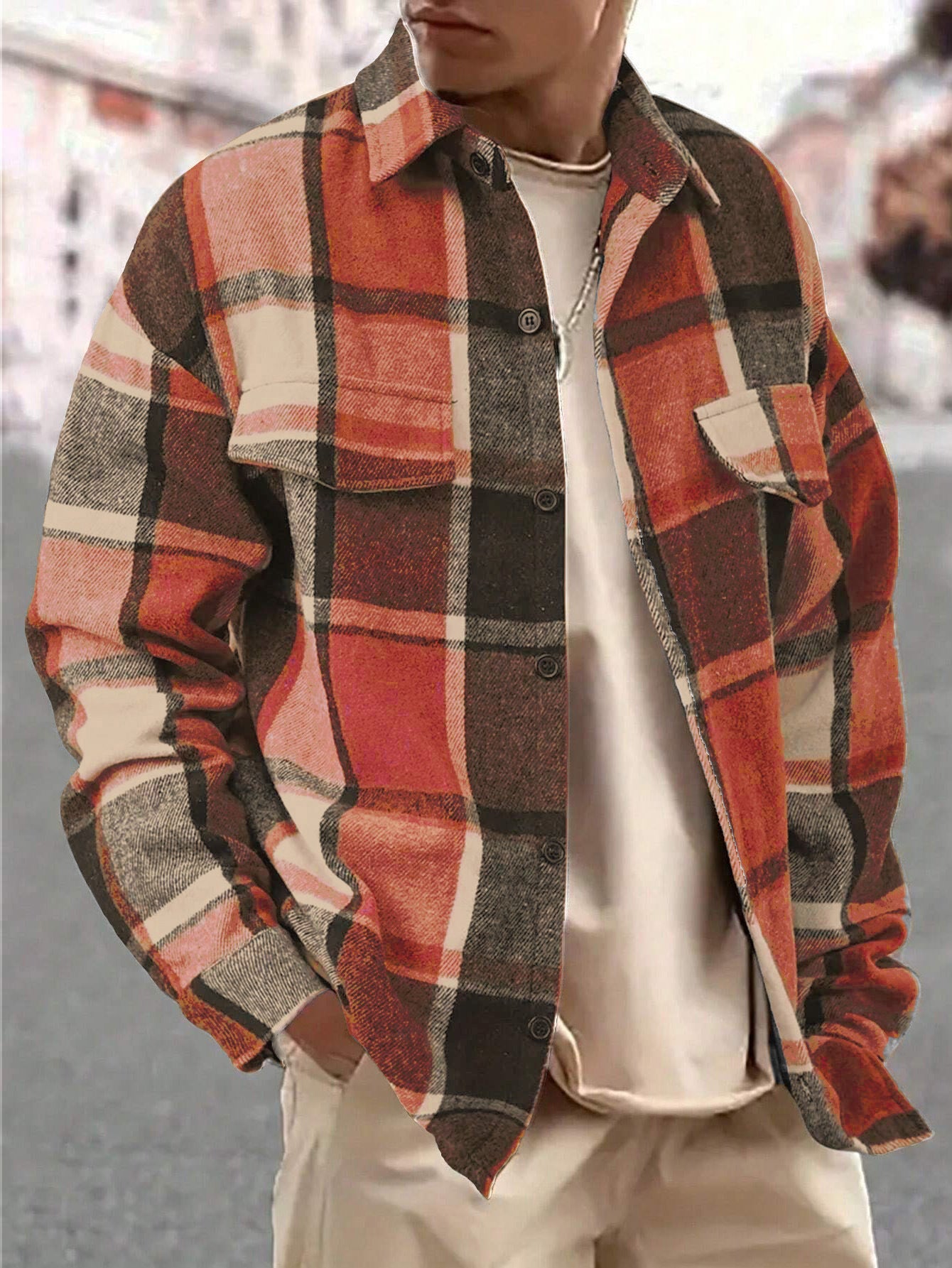 Elegant Plaid Long Sleeve Blouse For Men In Polyester Fabric Featuring Splicing Craft