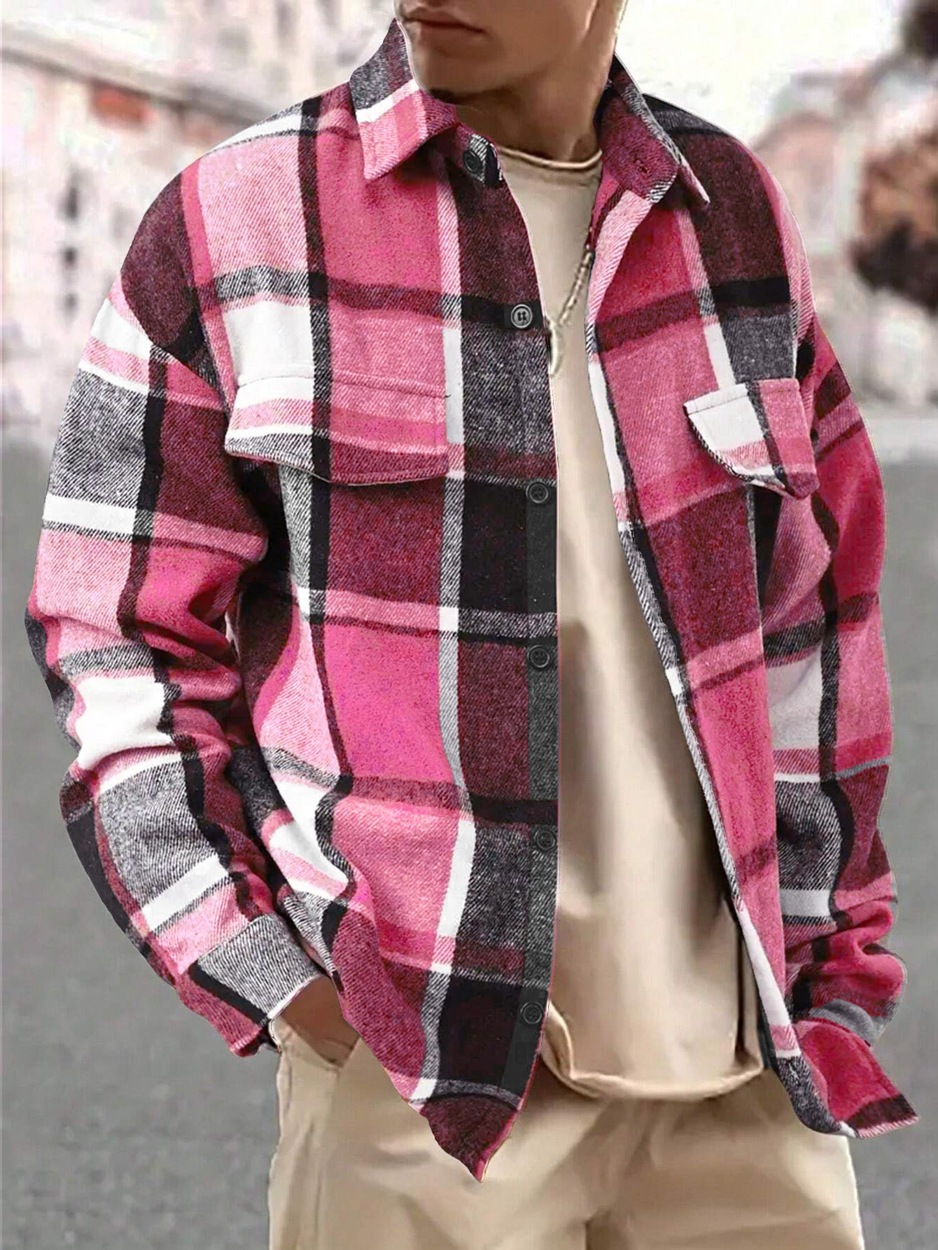 Elegant Plaid Long Sleeve Blouse For Men In Polyester Fabric Featuring Splicing Craft
