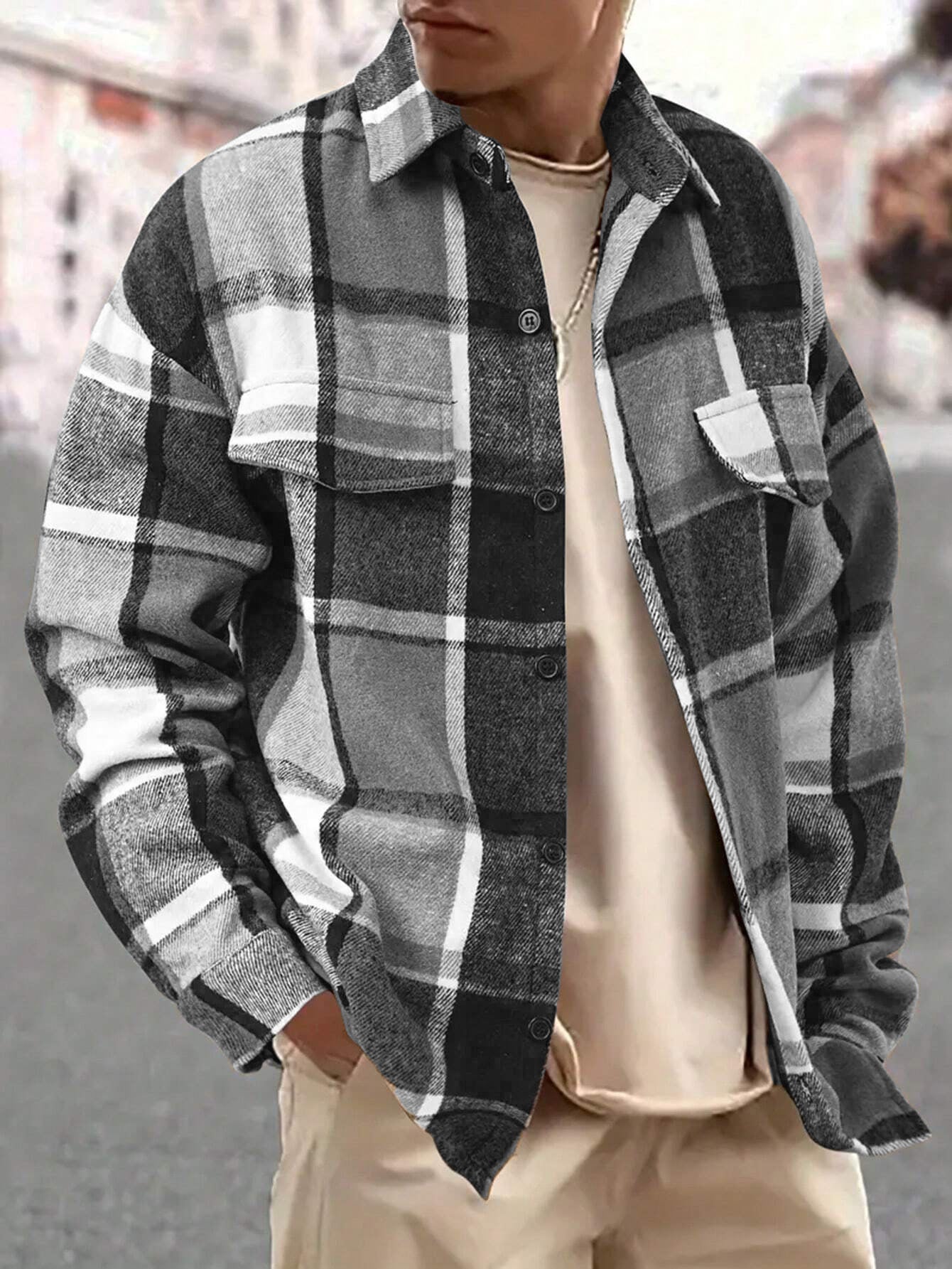 Elegant Plaid Long Sleeve Blouse For Men In Polyester Fabric Featuring Splicing Craft