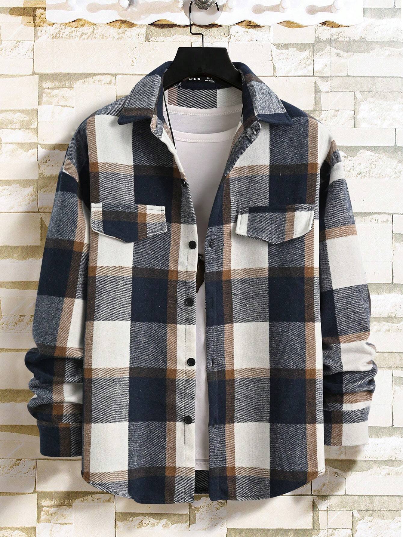Elegant Plaid Long Sleeve Blouse For Men In Polyester Fabric Featuring Splicing Craft