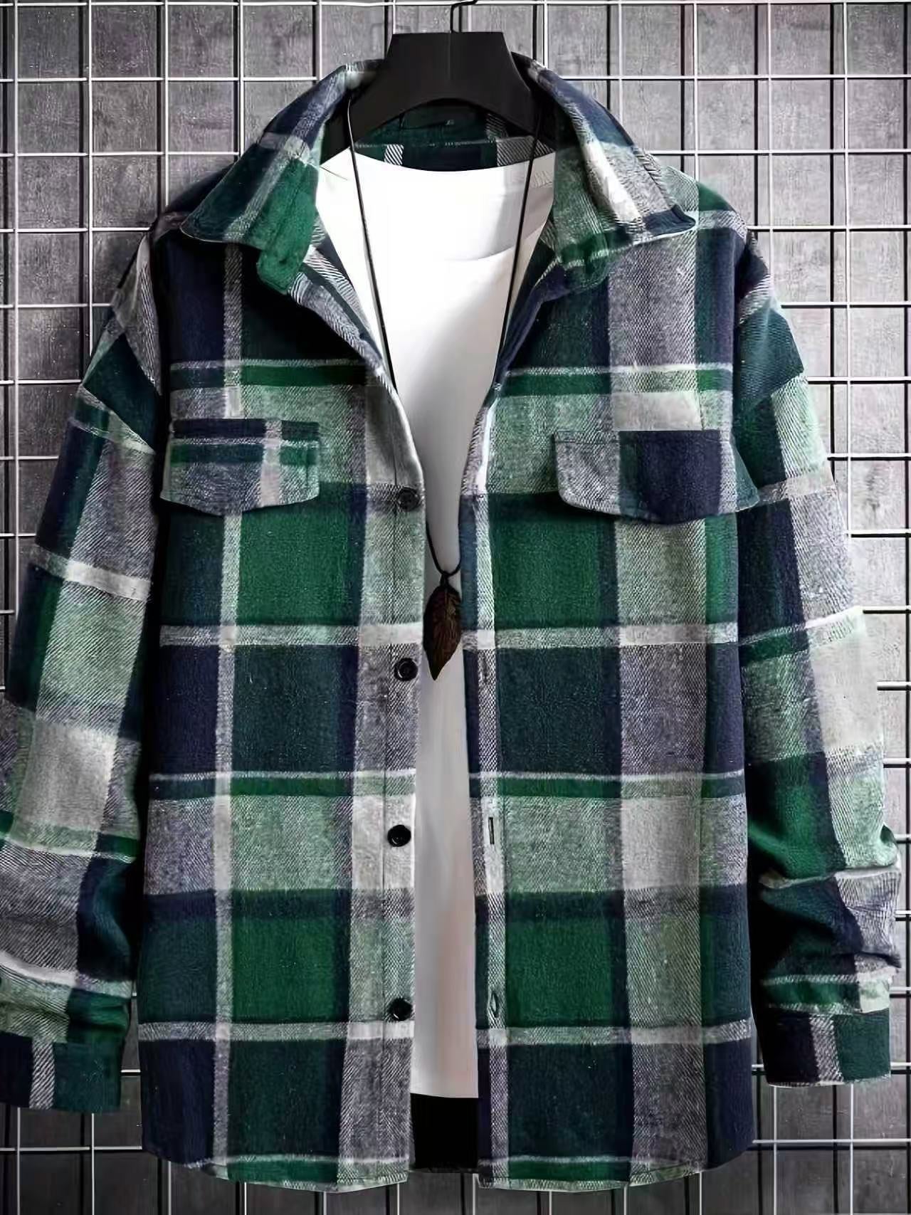 Elegant Plaid Long Sleeve Blouse For Men In Polyester Fabric Featuring Splicing Craft