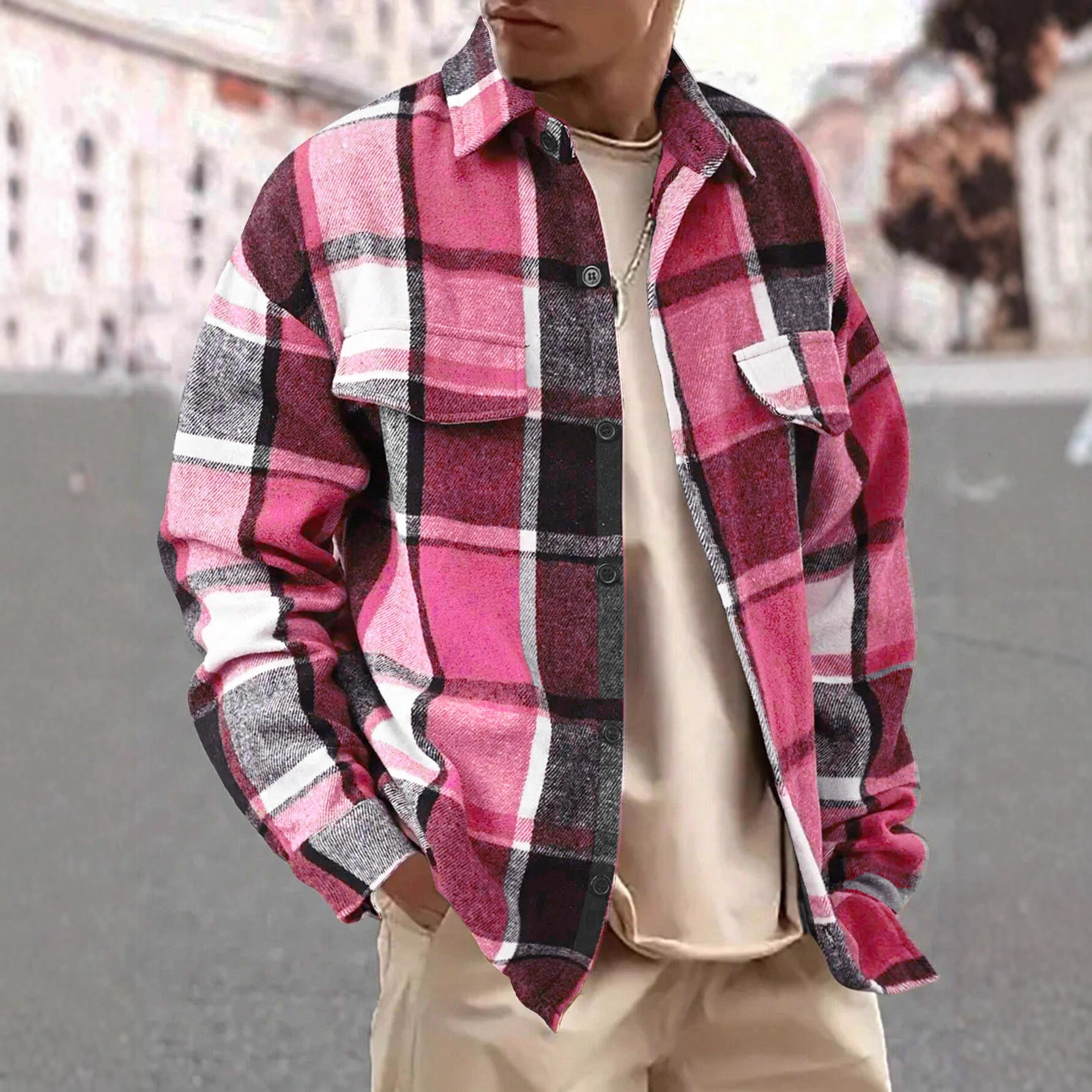 Elegant Plaid Long Sleeve Blouse For Men In Polyester Fabric Featuring Splicing Craft