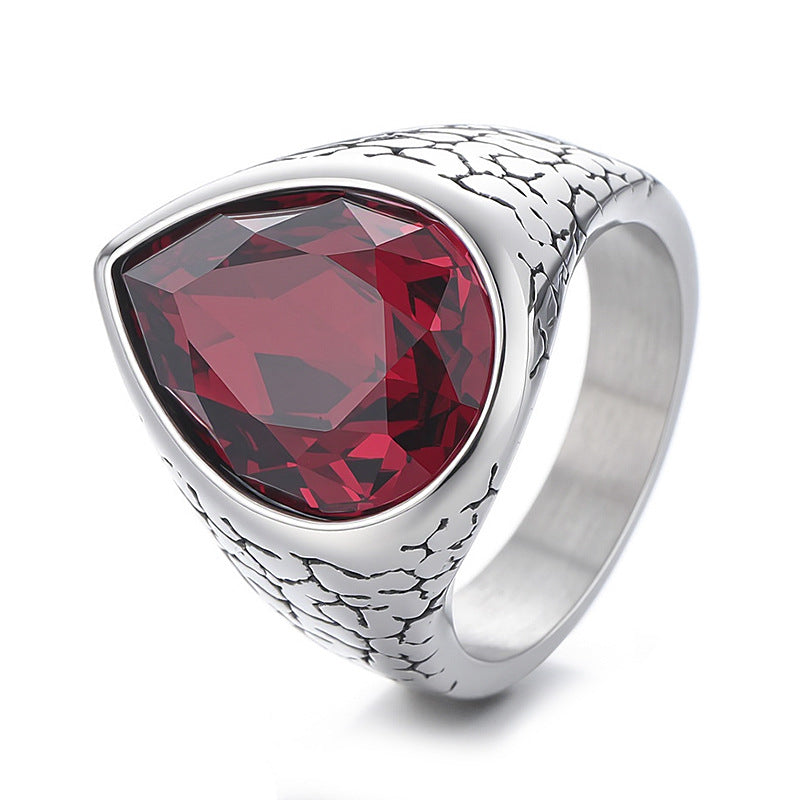 Men's Titanium Steel Pear Ring With Light Blue Glass Stone Inlay, Perfect For Summer Wear