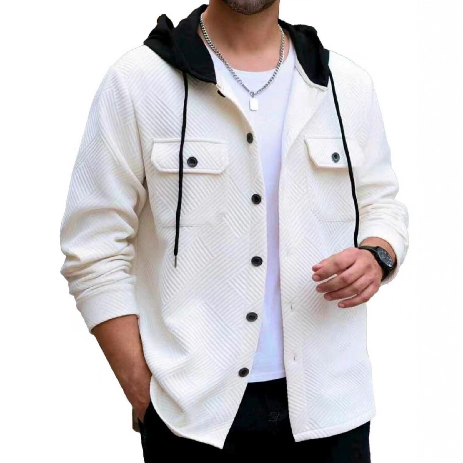 Color Block Casual Short Sleeve Hoodie In White Featuring Jacquard Polyester Fabric
