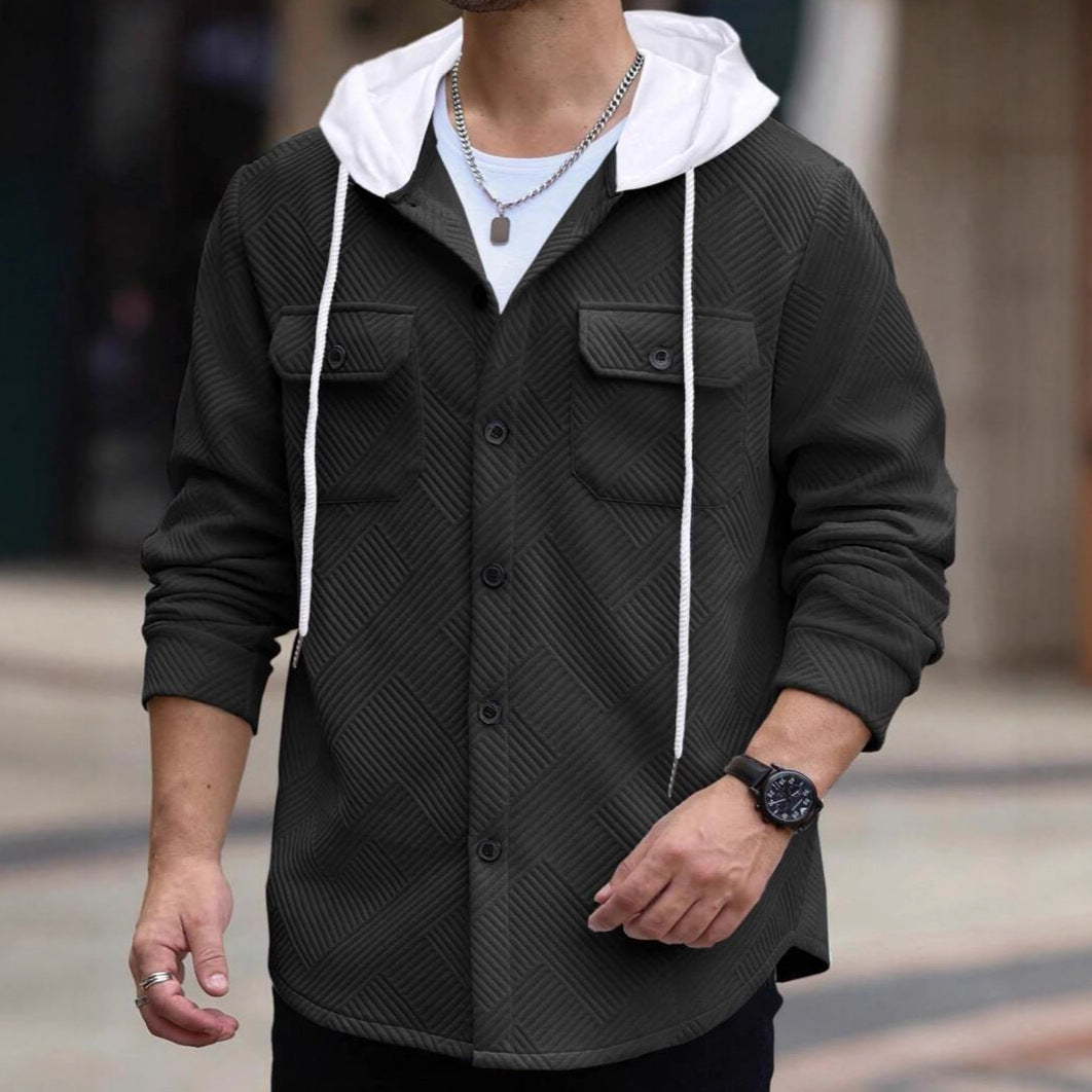 Color Block Casual Short Sleeve Hoodie In White Featuring Jacquard Polyester Fabric