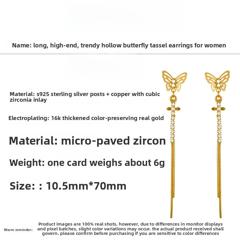 New Style Butterfly Tassel Ear Line Earrings In Real Gold Plated Copper With Rhinestone Inlay, Electroplated Finish
