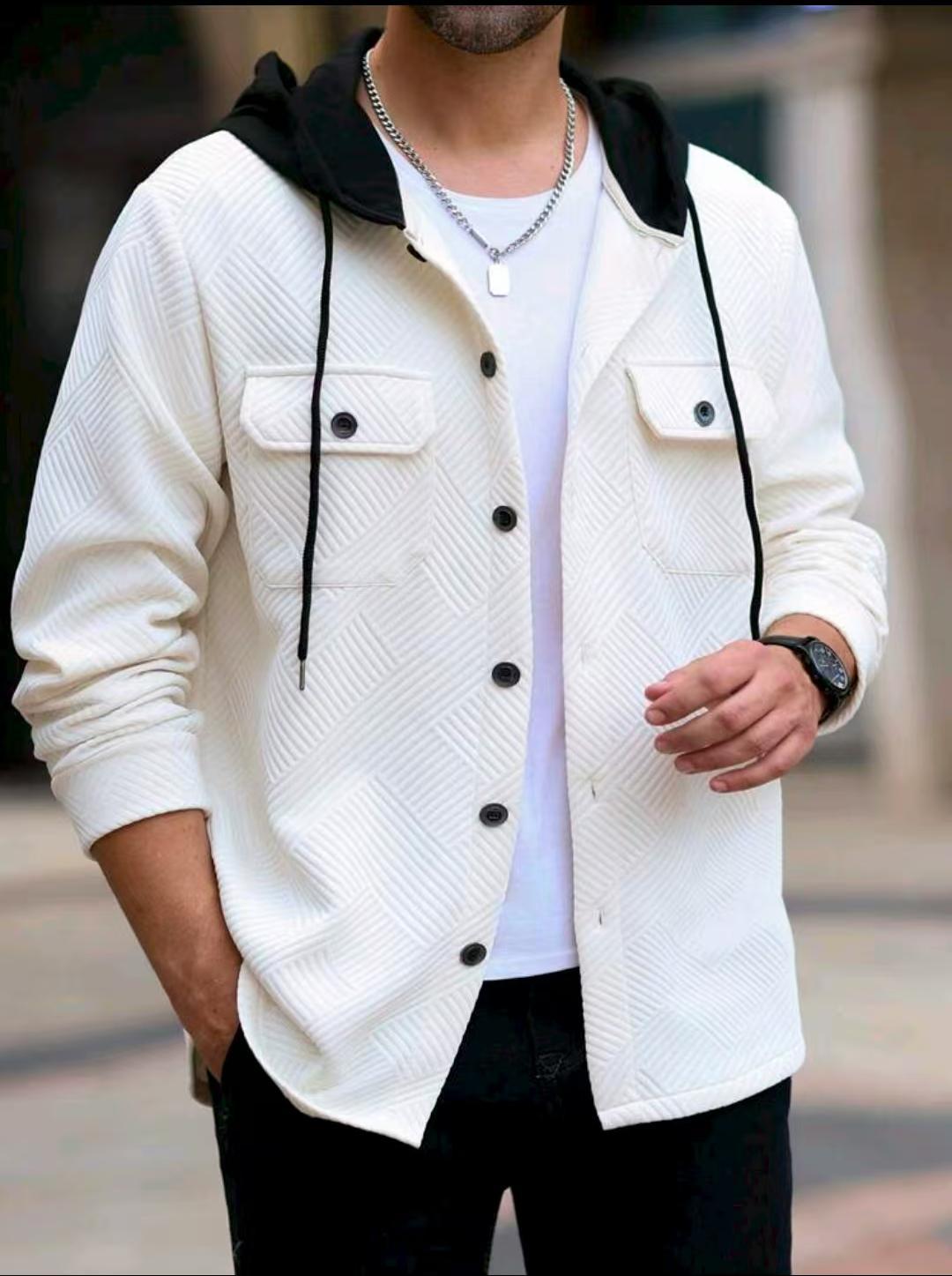 Color Block Casual Short Sleeve Hoodie In White Featuring Jacquard Polyester Fabric