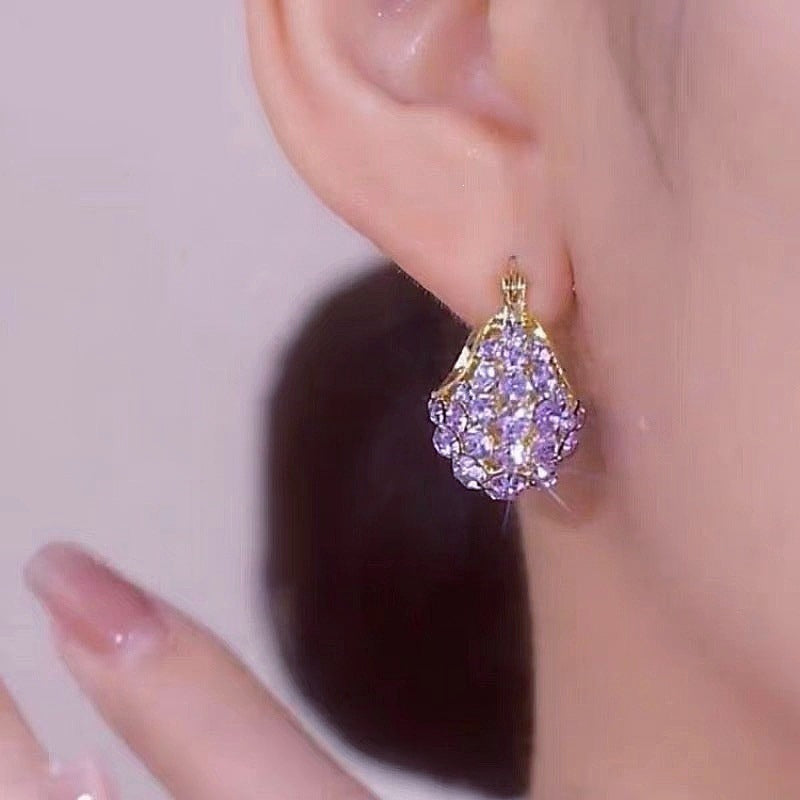 Leaf Drop Earrings For Women In Purple Alloy With Rhinestones Featuring 304 Stainless Steel Ear Pins