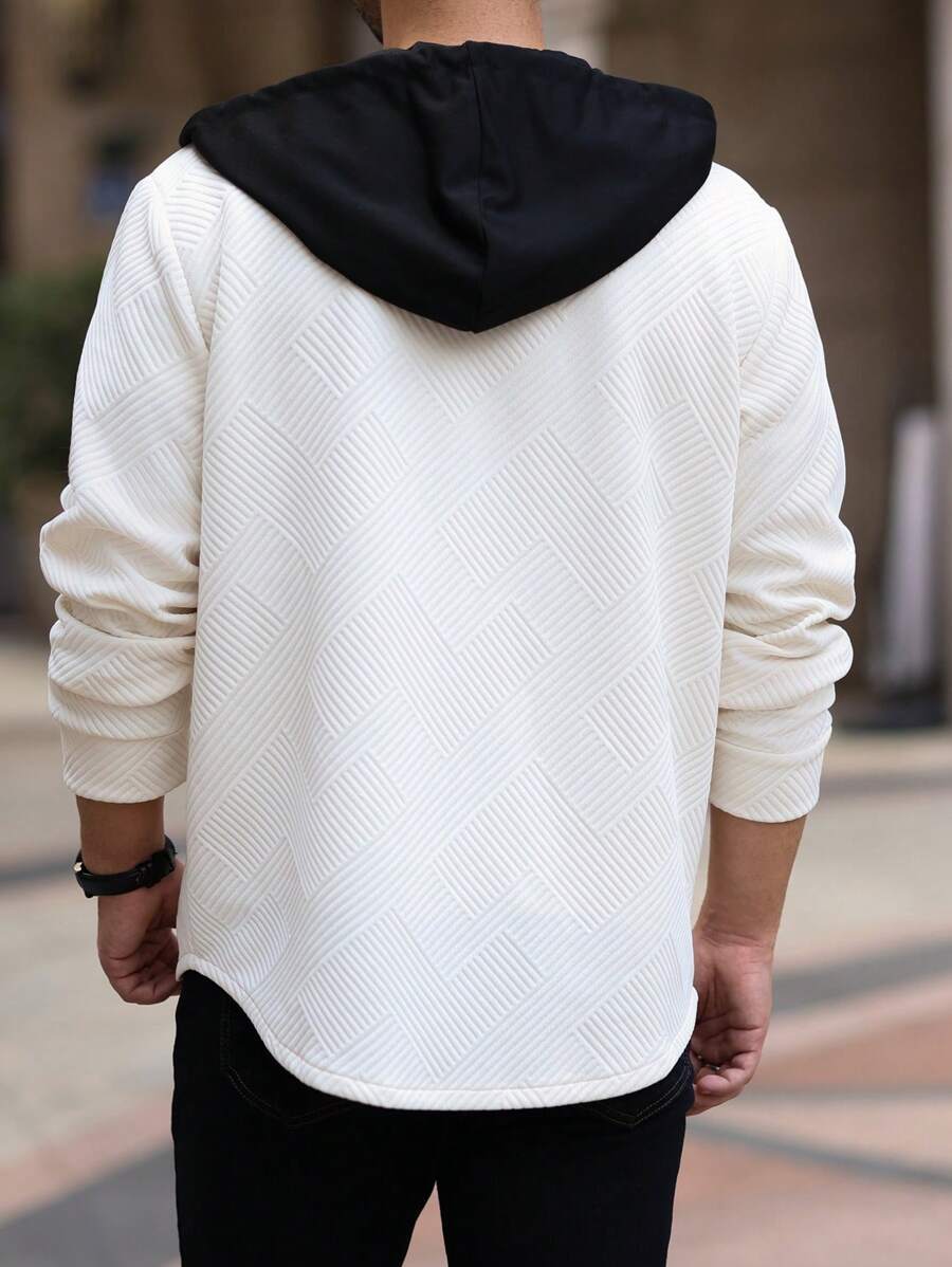 Color Block Casual Short Sleeve Hoodie In White Featuring Jacquard Polyester Fabric