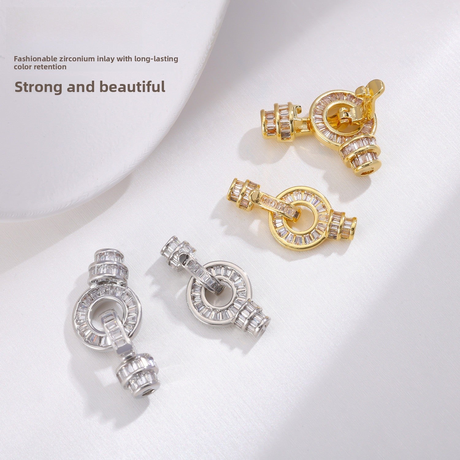 Geometric Copper Cord End Cap Jewelry Accessory Featuring Electroplated 18K Real Gold Plating With Zircon Inlay