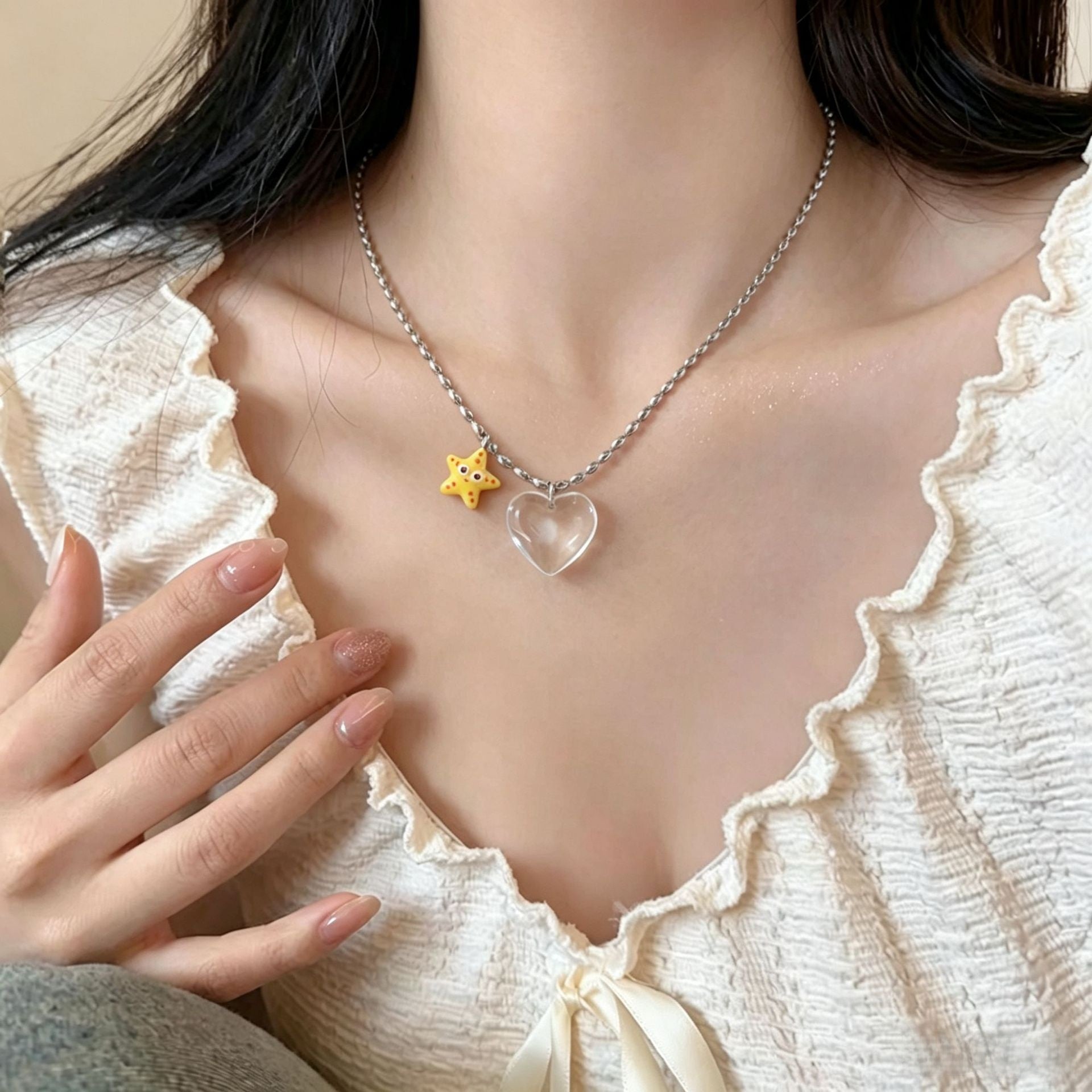 Cute Heart Shape Necklace With Titanium Steel Chain And Artificial Crystal Pendant For Adults