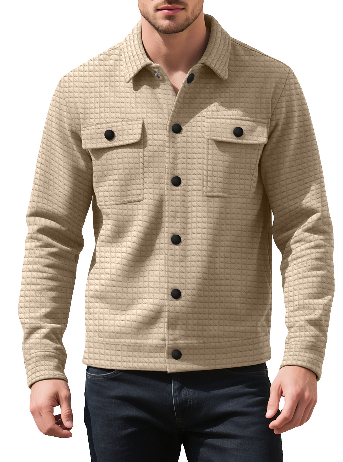 Men's Casual Solid Color Khaki Hoodie With Long Sleeve In Polyester Fabric