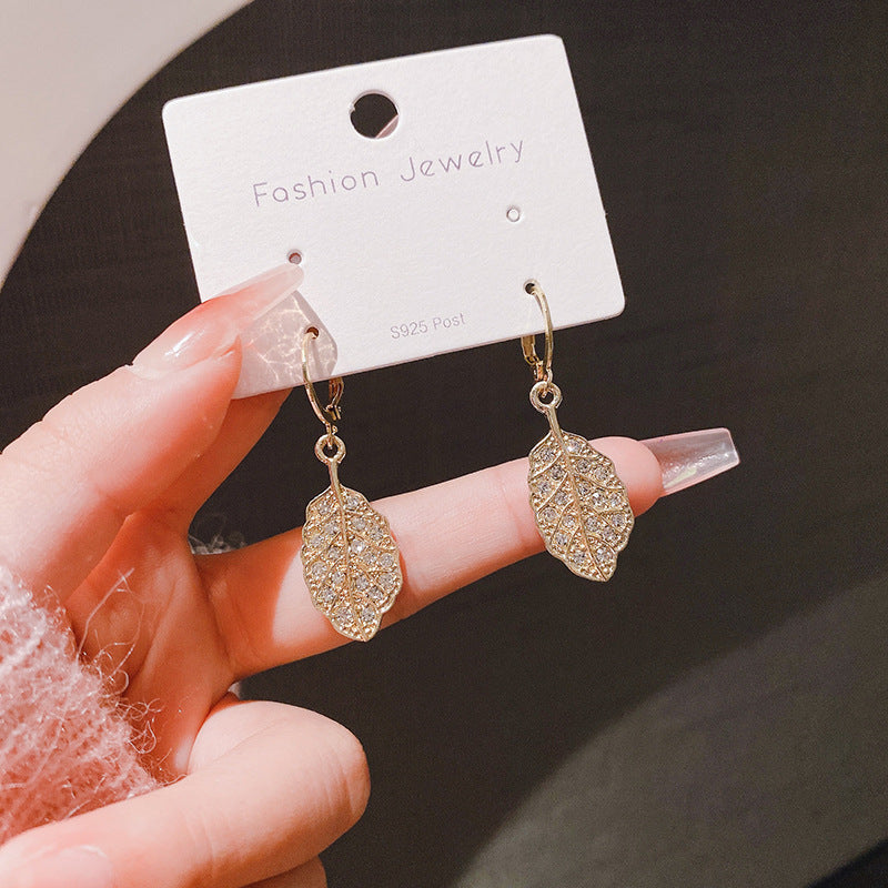 Leaf Earrings For Women With Gold Alloy Bezel Setting Featuring Zircon Inlay