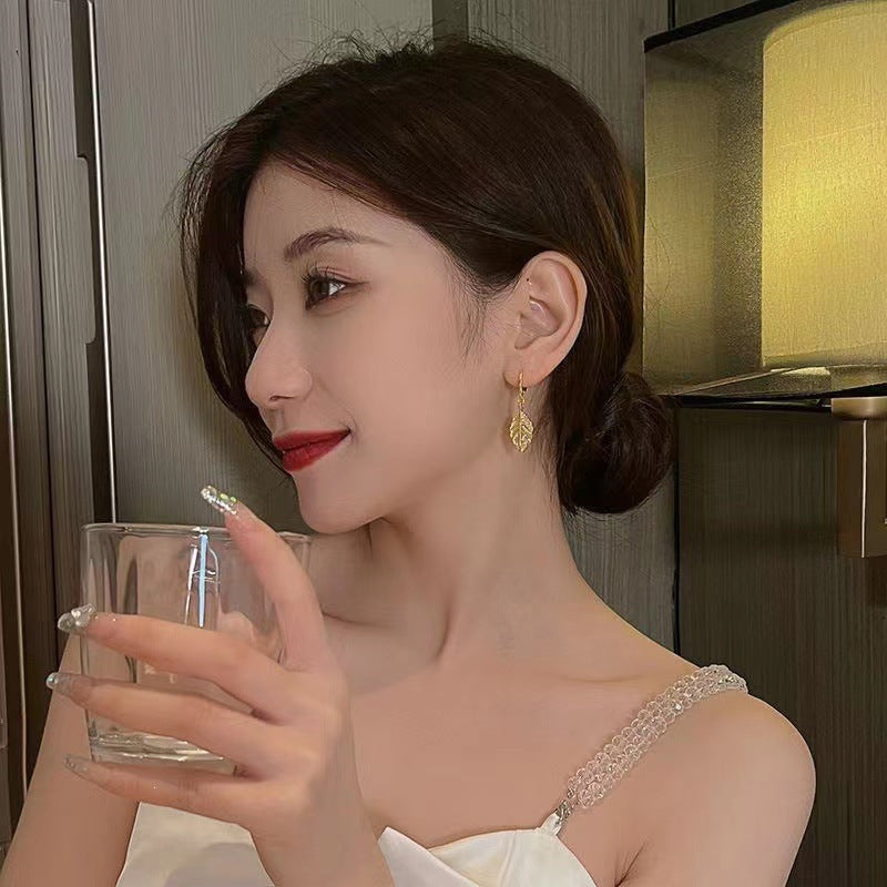 Leaf Earrings For Women With Gold Alloy Bezel Setting Featuring Zircon Inlay