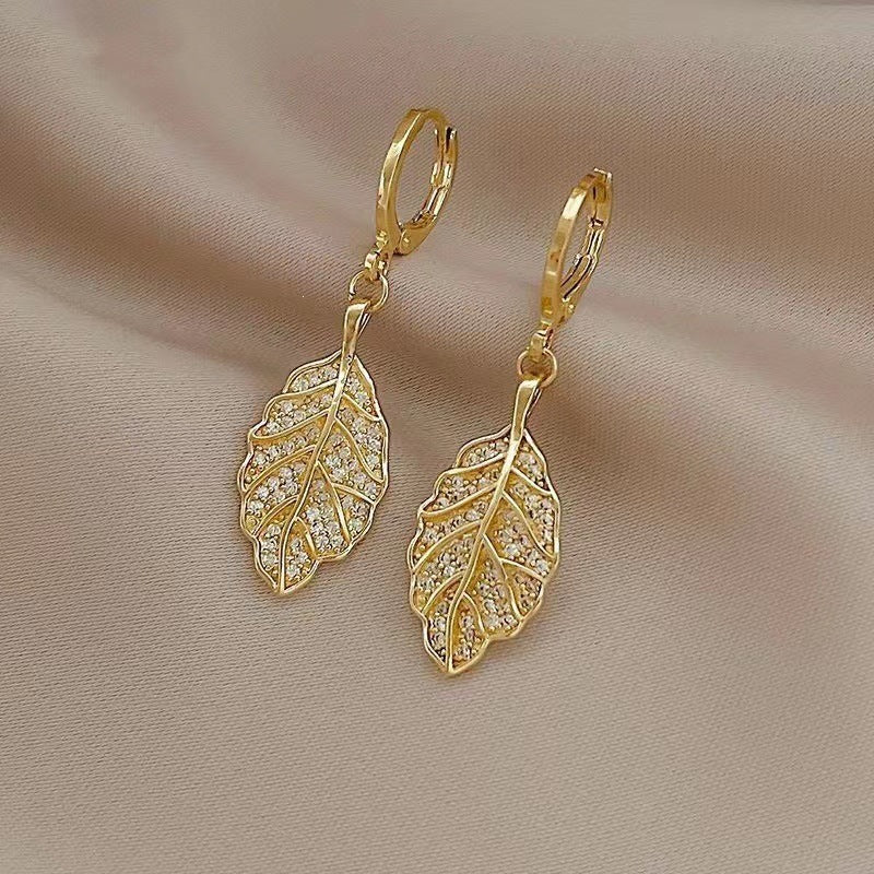 Leaf Earrings For Women With Gold Alloy Bezel Setting Featuring Zircon Inlay