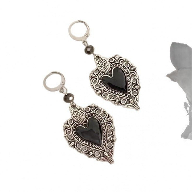 Heart Shape Earrings For Women In Dyed Black Featuring Gothic Style With Zinc Alloy Ear Pins