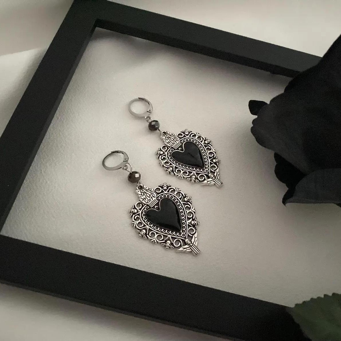 Heart Shape Earrings For Women In Dyed Black Featuring Gothic Style With Zinc Alloy Ear Pins