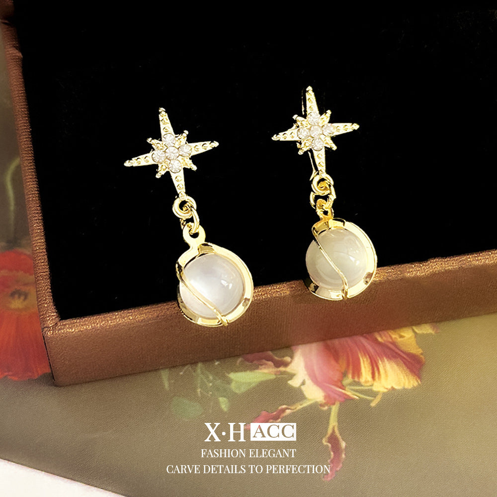 Starburst New Style Earrings For Women With 925 Sterling Silver Posts And Cat's Eye Stone Inlay In Silver Metal