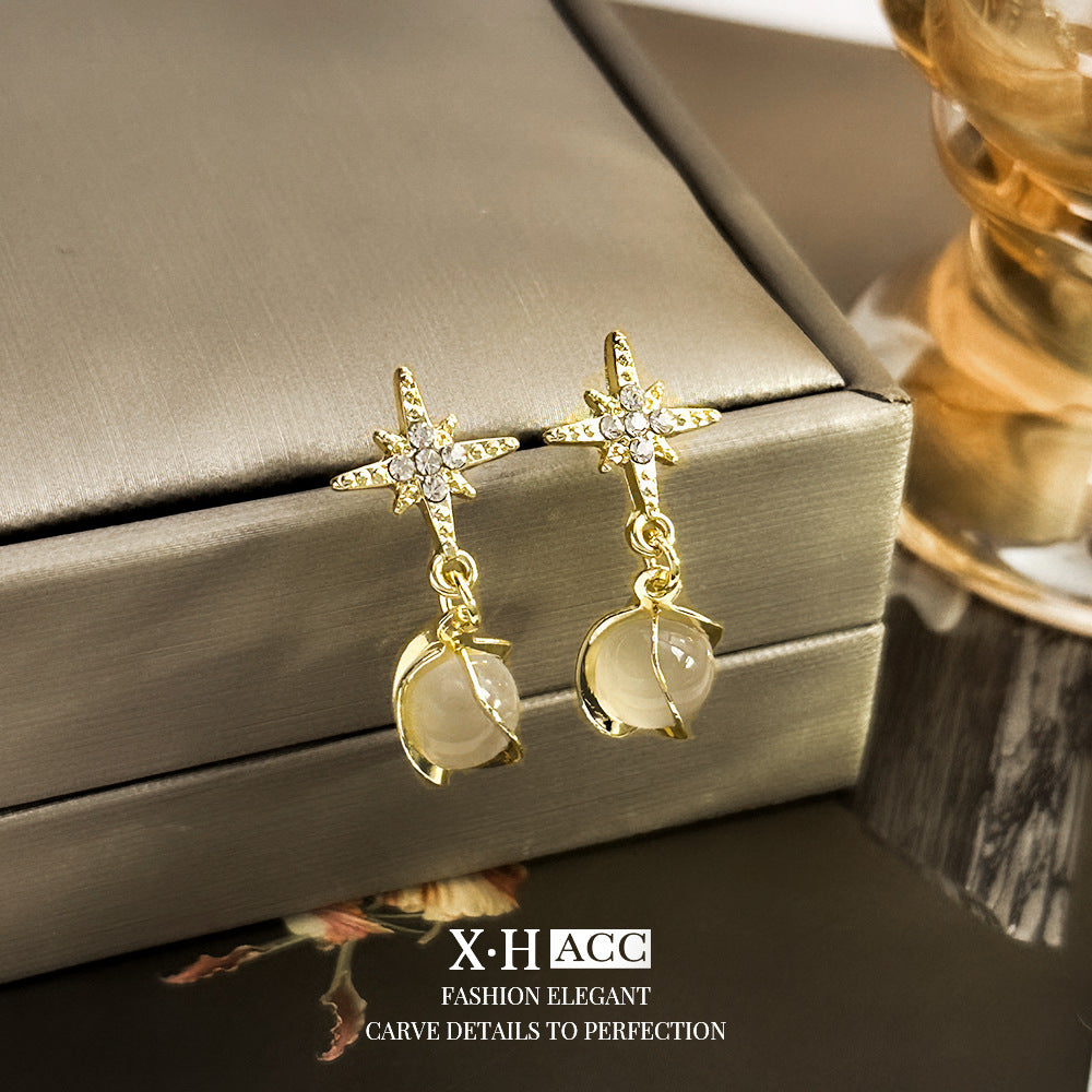 Starburst New Style Earrings For Women With 925 Sterling Silver Posts And Cat's Eye Stone Inlay In Silver Metal