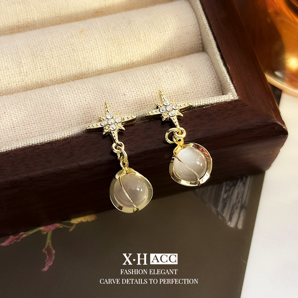 Starburst New Style Earrings For Women With 925 Sterling Silver Posts And Cat's Eye Stone Inlay In Silver Metal