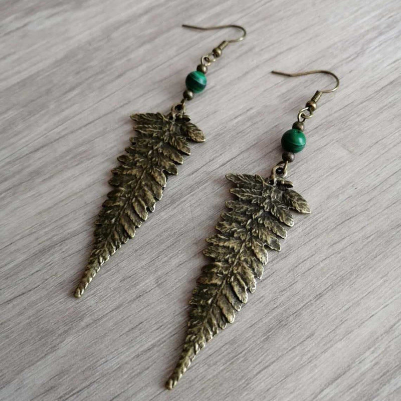 Handmade Bronze Leaf Earrings For Women With Malachite Inlay, Featuring Iron Ear Pins And Alloy Craft