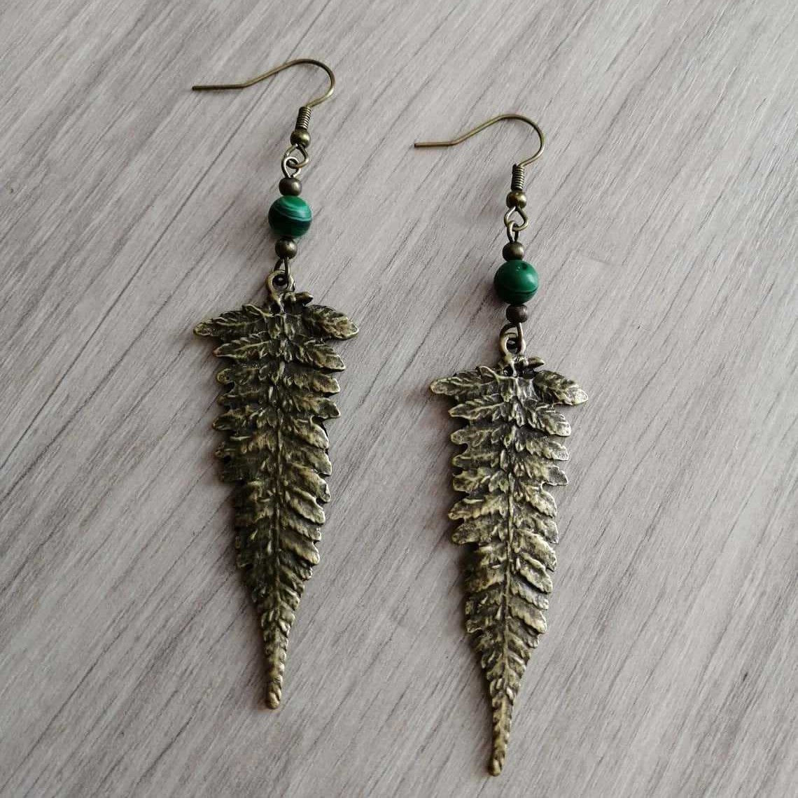 Handmade Bronze Leaf Earrings For Women With Malachite Inlay, Featuring Iron Ear Pins And Alloy Craft
