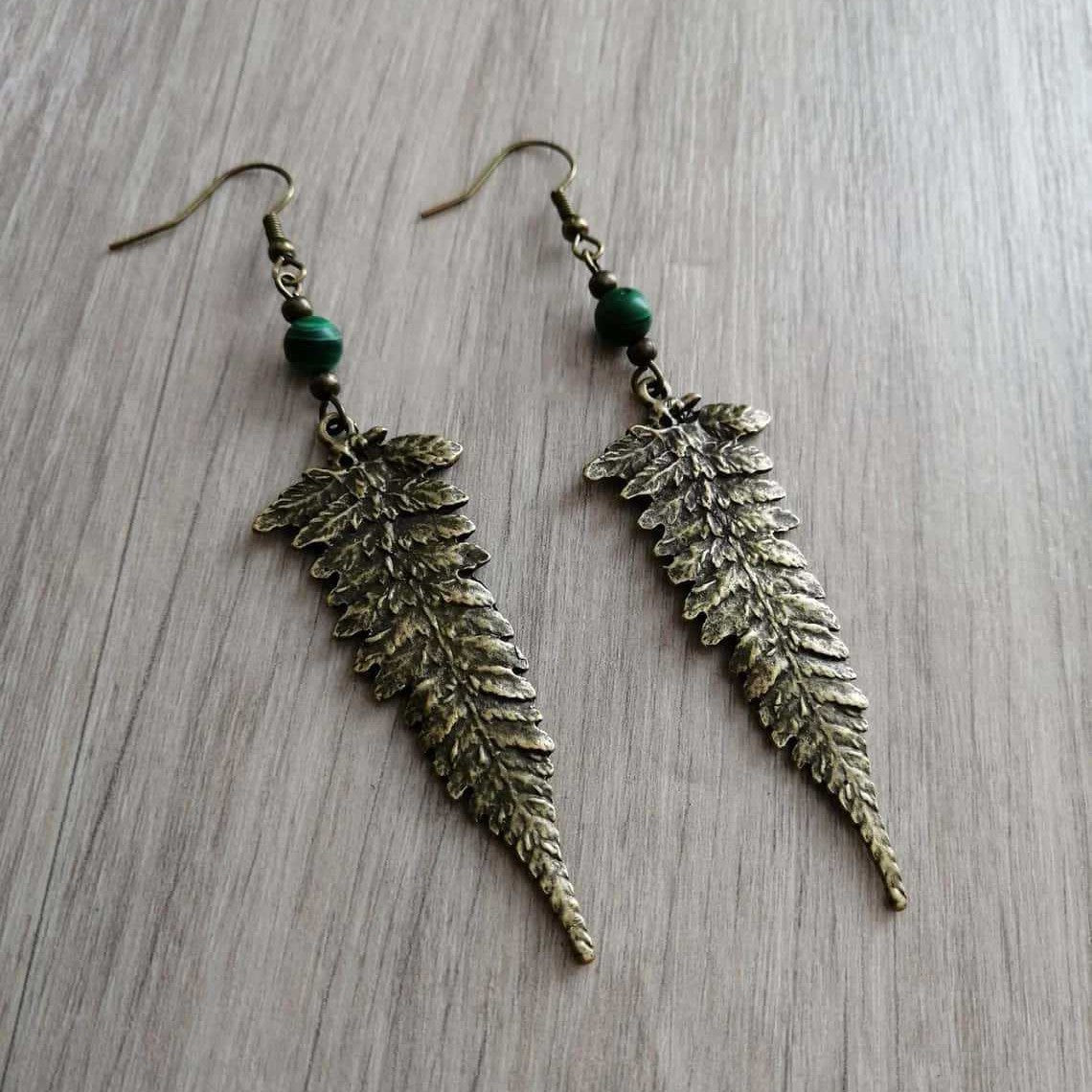 Handmade Bronze Leaf Earrings For Women With Malachite Inlay, Featuring Iron Ear Pins And Alloy Craft