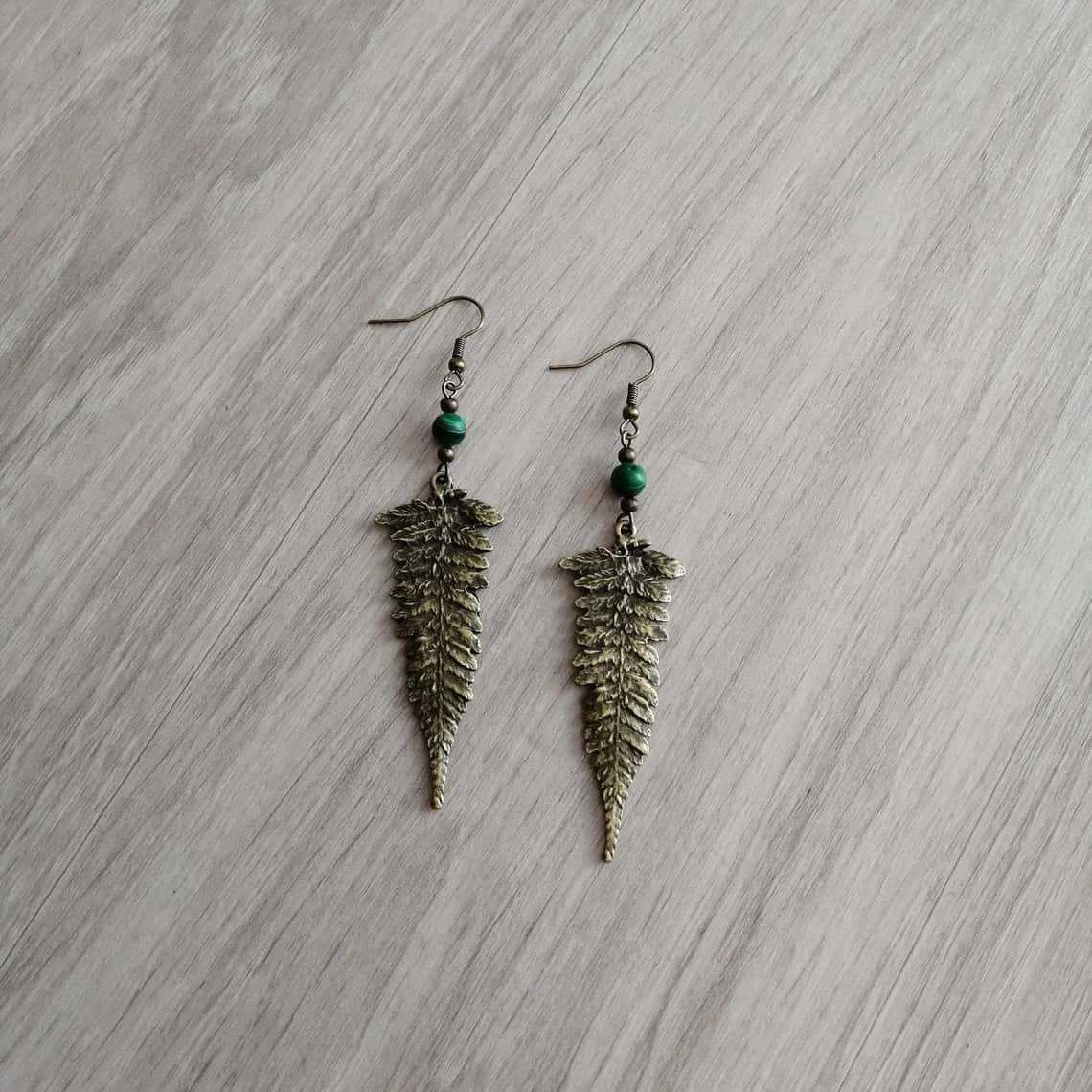 Handmade Bronze Leaf Earrings For Women With Malachite Inlay, Featuring Iron Ear Pins And Alloy Craft
