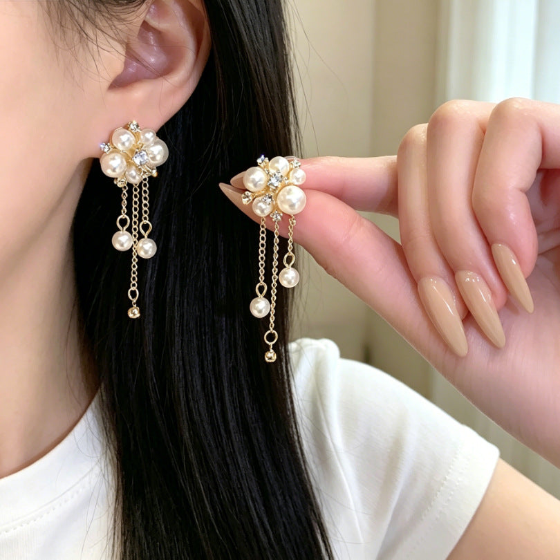 Flowers Tassel Earrings For Women With Copper Studs, Alloy Material And Zircon Inlay
