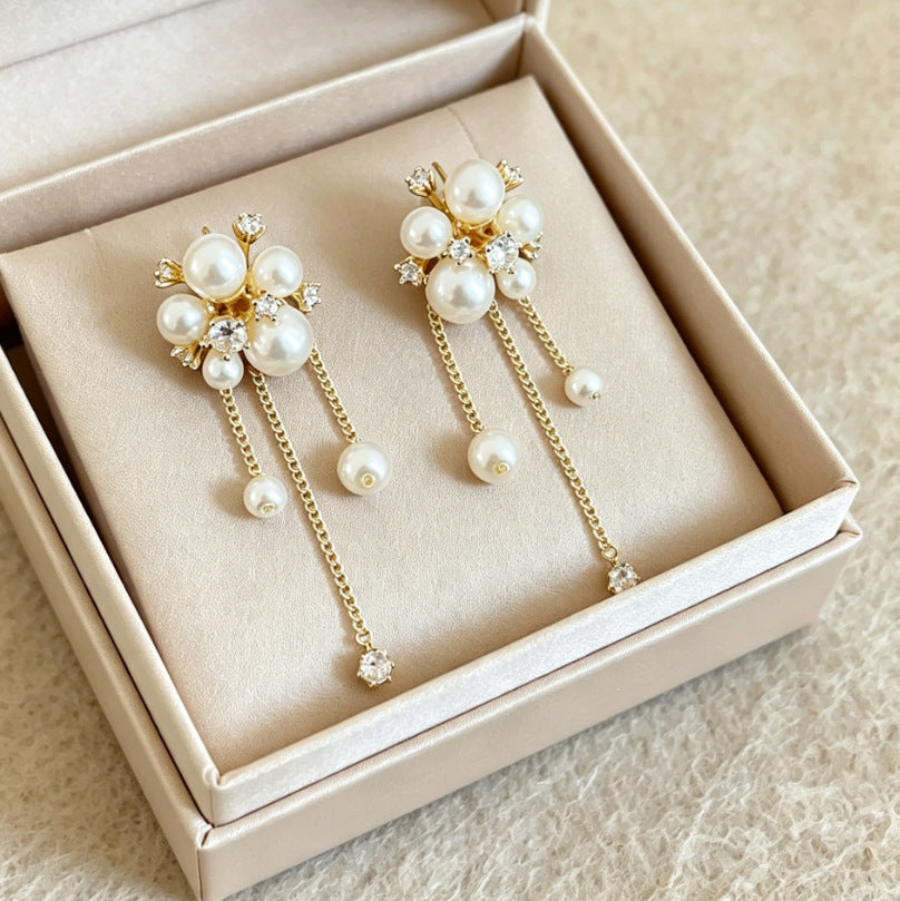 Flowers Tassel Earrings For Women With Copper Studs, Alloy Material And Zircon Inlay